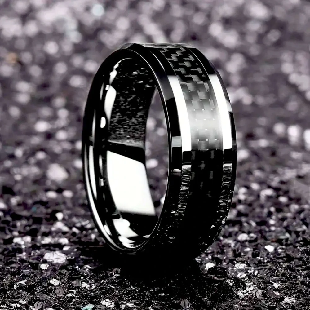 Black Mens Ring size 12 Stainless Steel Carbon Fiber Black Inlay Wedding Ring
